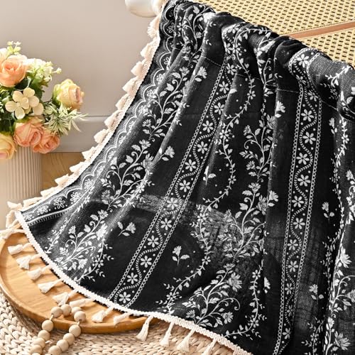 Image of Yinhua Boho Valance Curtains Vintage Linen Kitchen Valances for Windows Light Filtering Bohemian Floral Valance Rod Pocket Tassel Window Valances for Bathroom Cafe, 52 inch W X 18 inch L, Black