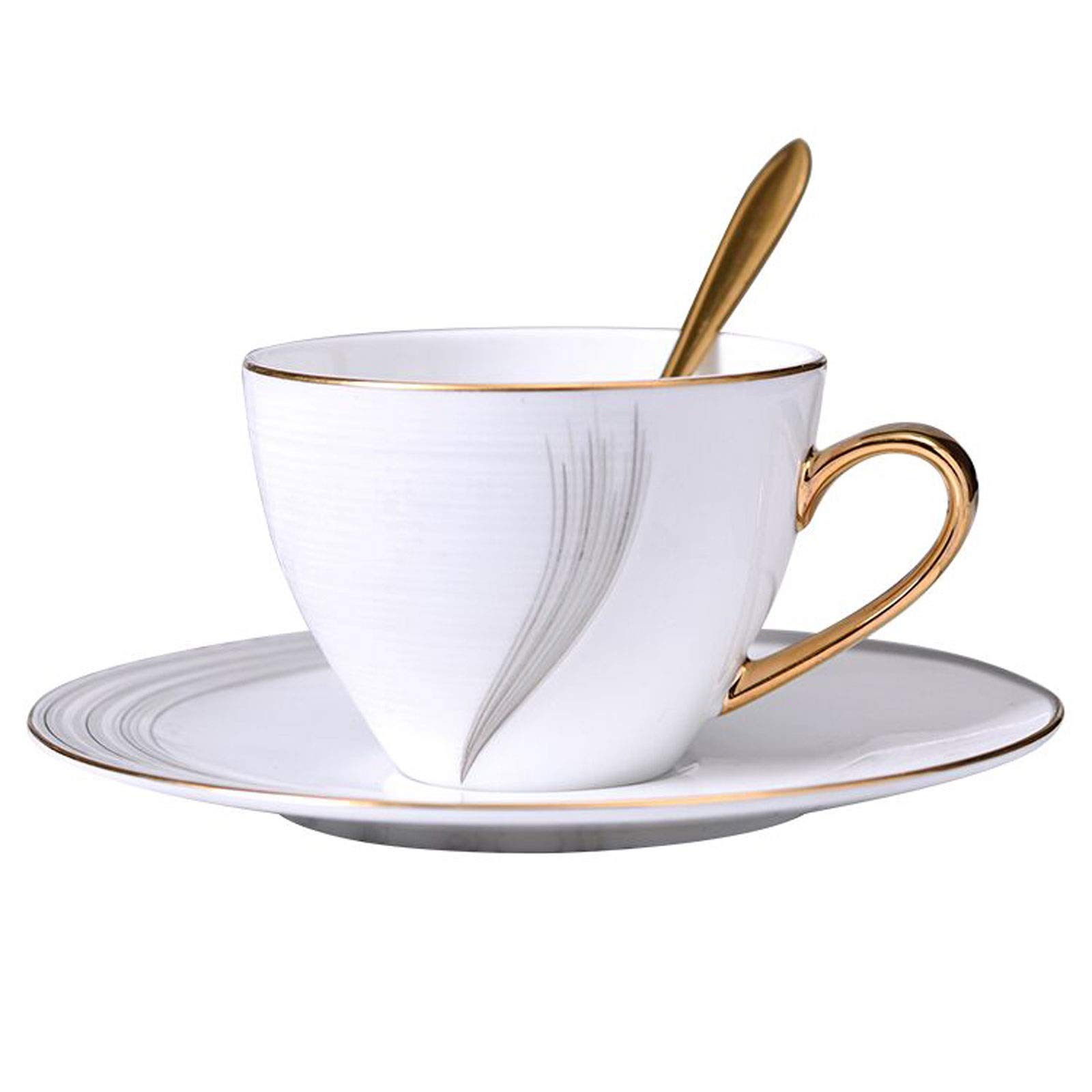 Ceramiczny kubek 220 ml / 8 uncji osobowość biała porcelana kostna zestaw kubków do kawy filiżanka do herbaty z ręcznie malowanymi krawędziami i uchwytami ze złotymi liniami, zawiera 1 spodek i 1