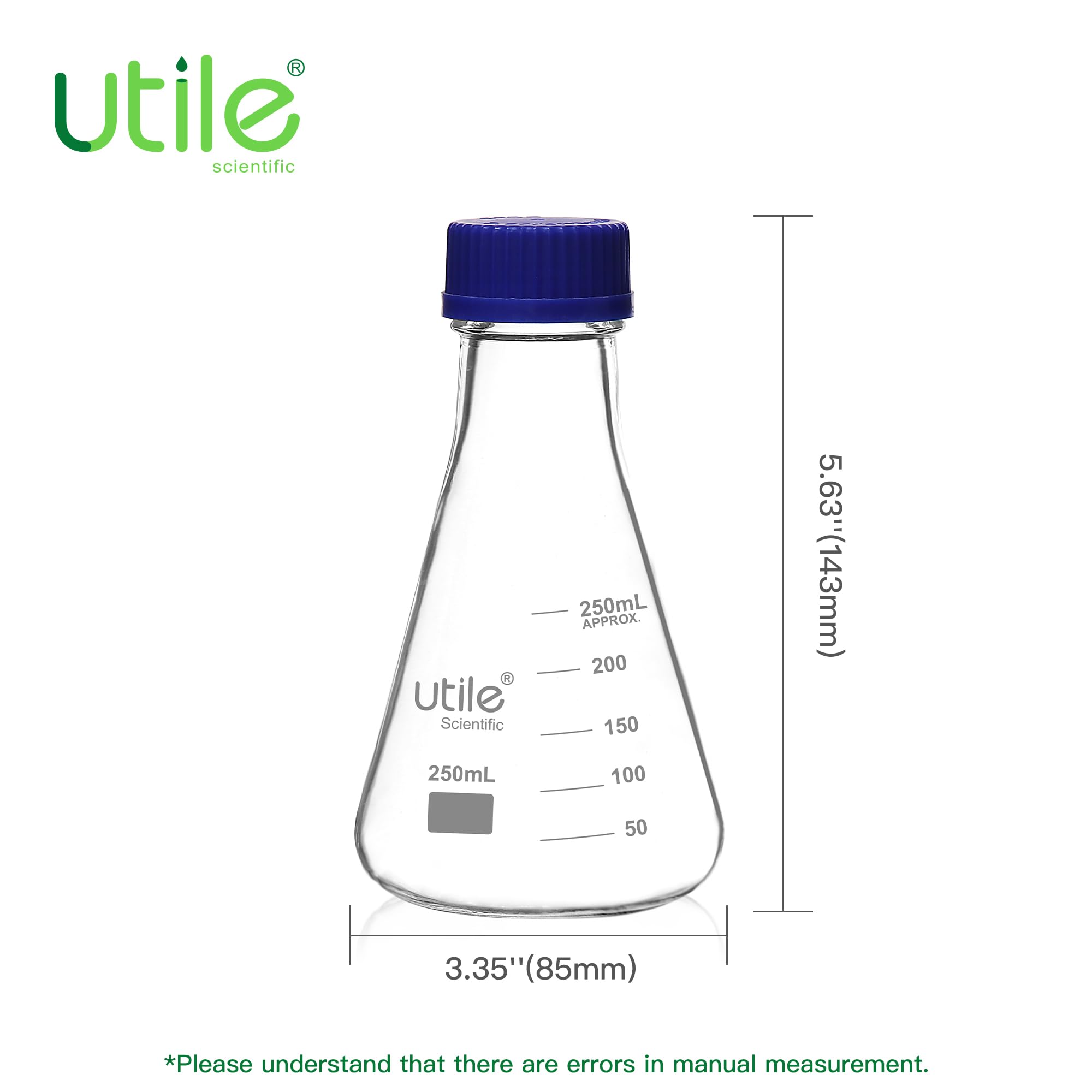 Utile Lot de 4 fioles Erlenmeyer en verre borosilicate 3.3 avec bouchon bleu, 250 ml, pour expériences en laboratoire, sciences de la chimie, 4016.0752.4