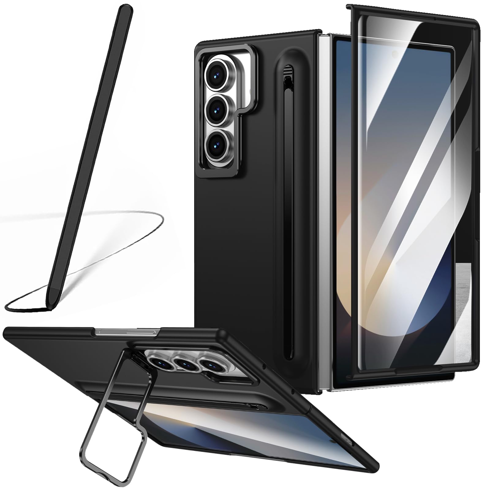 Custodia per Galaxy Z Fold 7 con penna, portapenne integrato, cover per Samsung Galaxy Z Fold7 con pellicola protettiva + Pen + supporto regolabile nascosto-Nero