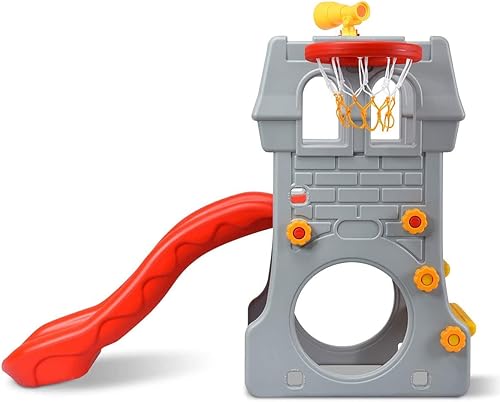 Miniatura 7 de GLACER Tobogán para niños pequeños, 5 en 1 con aro de baloncesto, telescopio, gatear a través del espacio, escaleras fáciles de subir, parque de