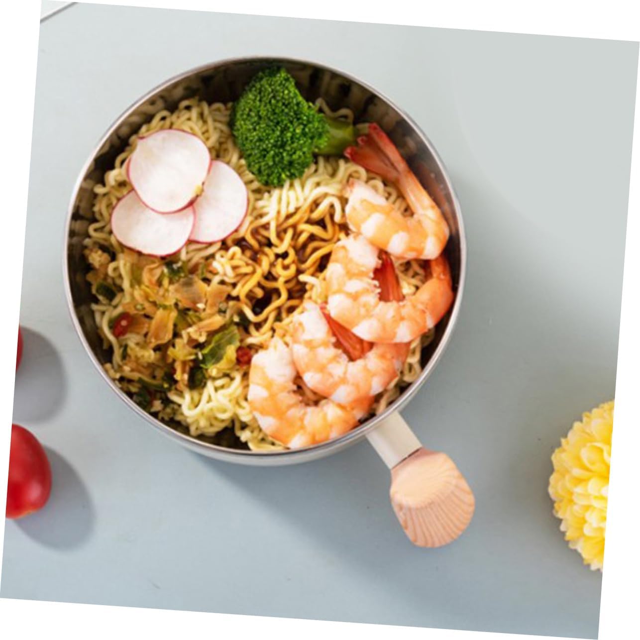 304 Stainless Steel Handle Noodle Bowl with Lid 1200ml White