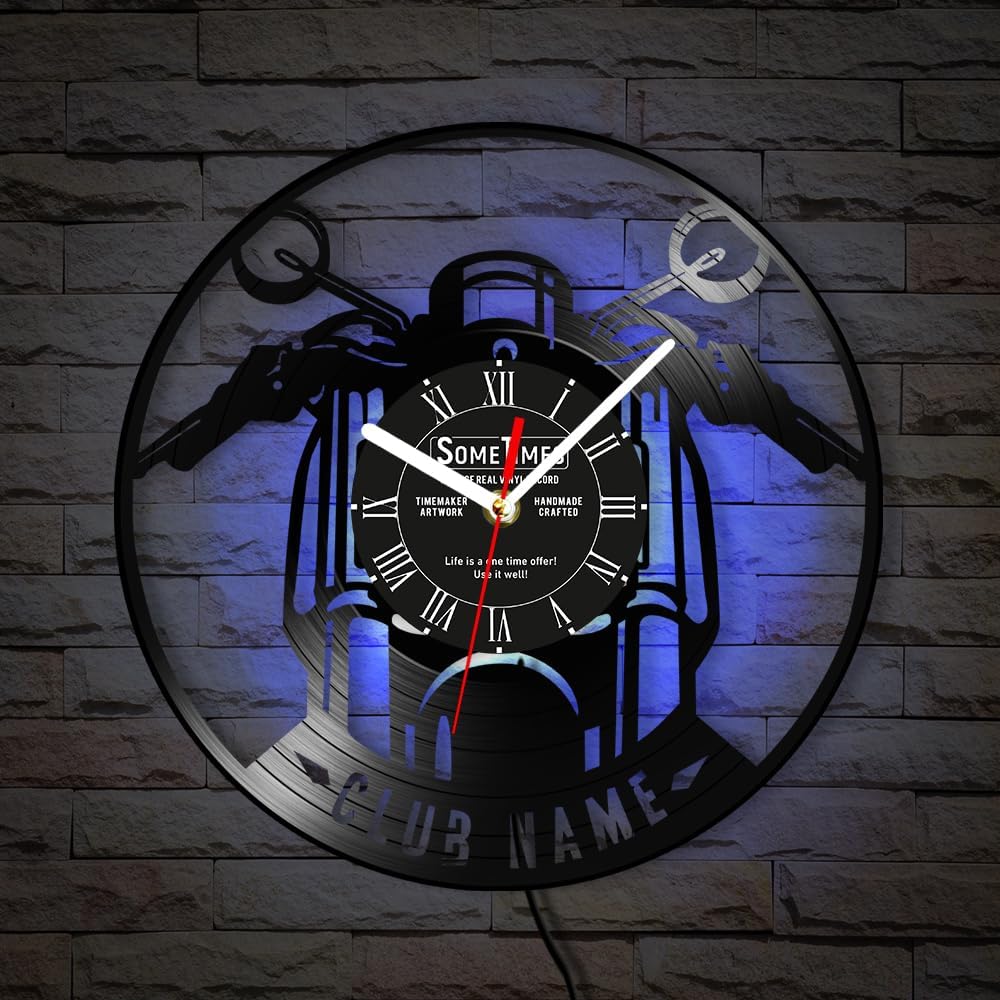 The Geeky Days Motorcycle Vinyl Record Wall Clock Custom Name, 7 Color Changing Motorcycle Bikers Garage Wall Clock Retro LED Night Light Wall Watch Clock for Motorcycle Lover Man Cave Rider Club 12''