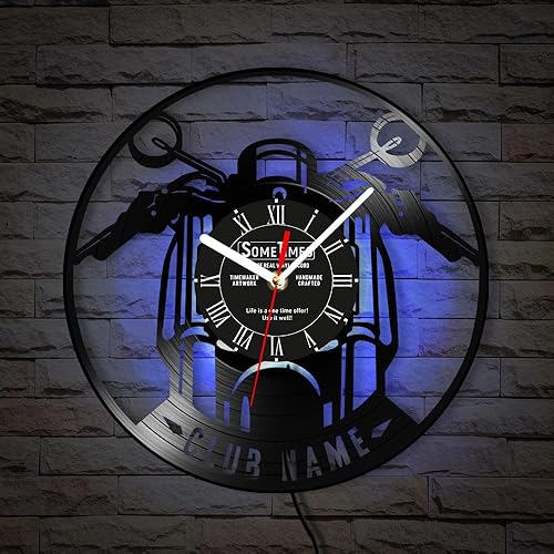 The Geeky Days Reloj de pared con disco de vinilo para motocicleta, con nombre personalizado, 7 colores cambiantes, para motocicletas, garaje, reloj