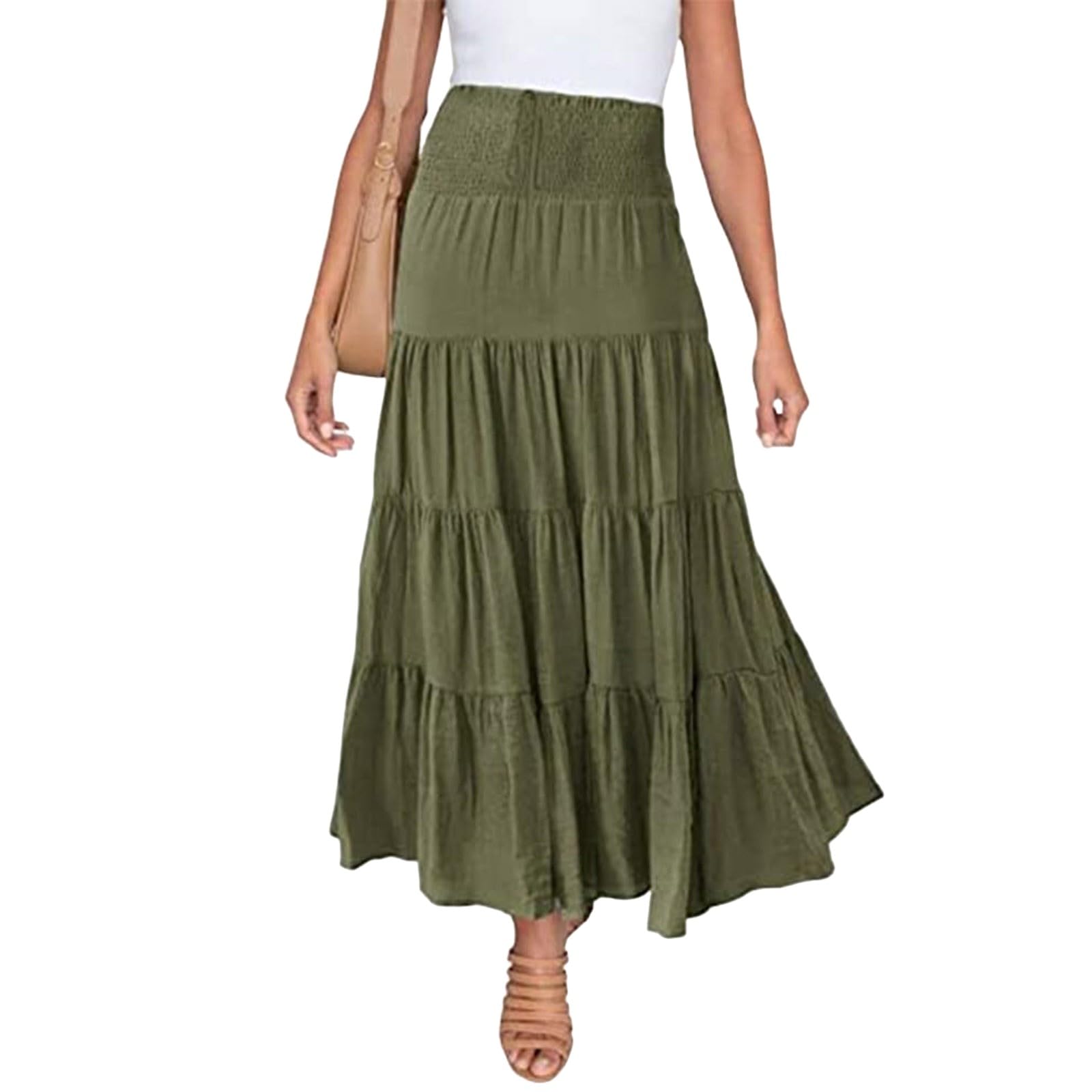 Womens Summer Maxi Skirt Boho Beach Vacation Clothes Trendy Smocked Waist Ruffle Tiered A Line Casual Long Skirts