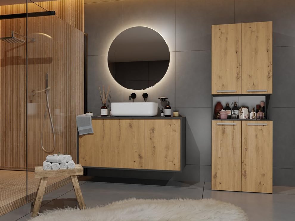 BDW Mobile da Bagno Con 4 Porte, Mobiletto Alto Mensola 174 x 60 x 30 cm NEL 1K/DK (Rovere Antracite/Artisan)