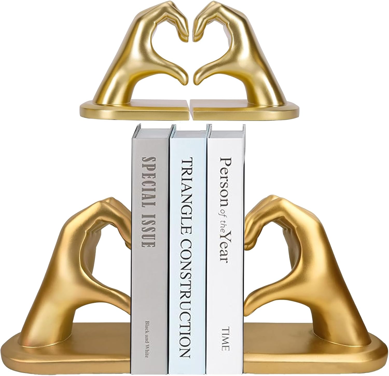 Heart Shaped Decorative Bookends, Finger Heart Shaped Decor, Decorative Book Ends, Heavy Duty Resin Book Stopper for Shelves, Books, Living Room, Bedroom, Office, Valentine’s Day (Gold)