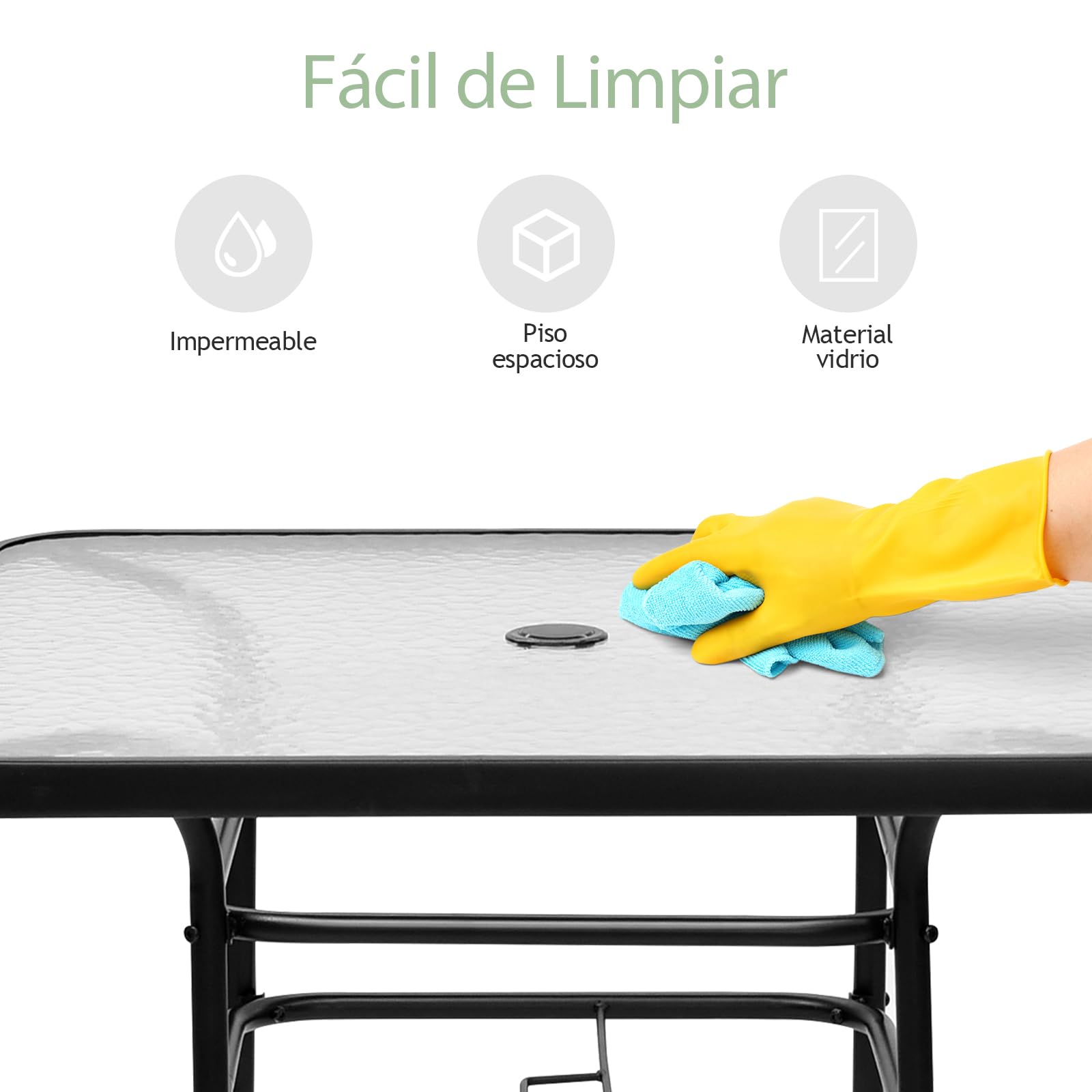 GOPLUS Mesa de Jardín con Orificio para Sombrilla y Tablero de Vidrio | Mesa Auxiliar Cuadrada para Terraza Patio Bistro con Marco de Metal, Carga 80 kg, 80x80x71cm