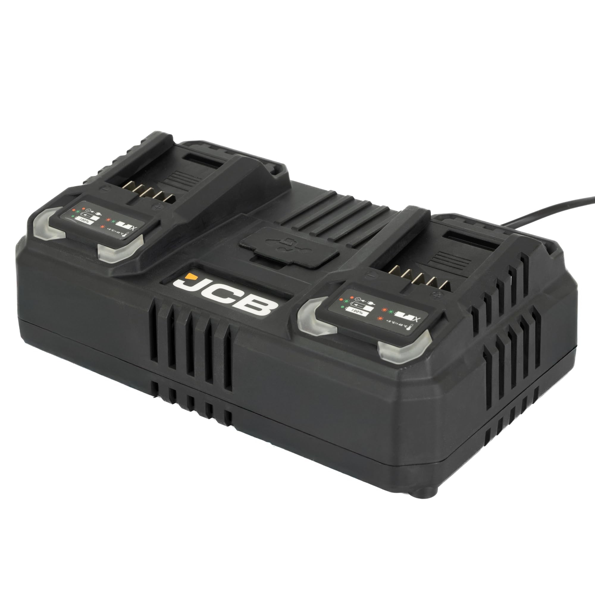 JCB Caricabatterie rapido Pro 18V Dual Port 2×4.5A con porte USB e USB-C aggiuntive - Compatibile con JCB Cordless & Professional Tools - Garanzia di 2 anni