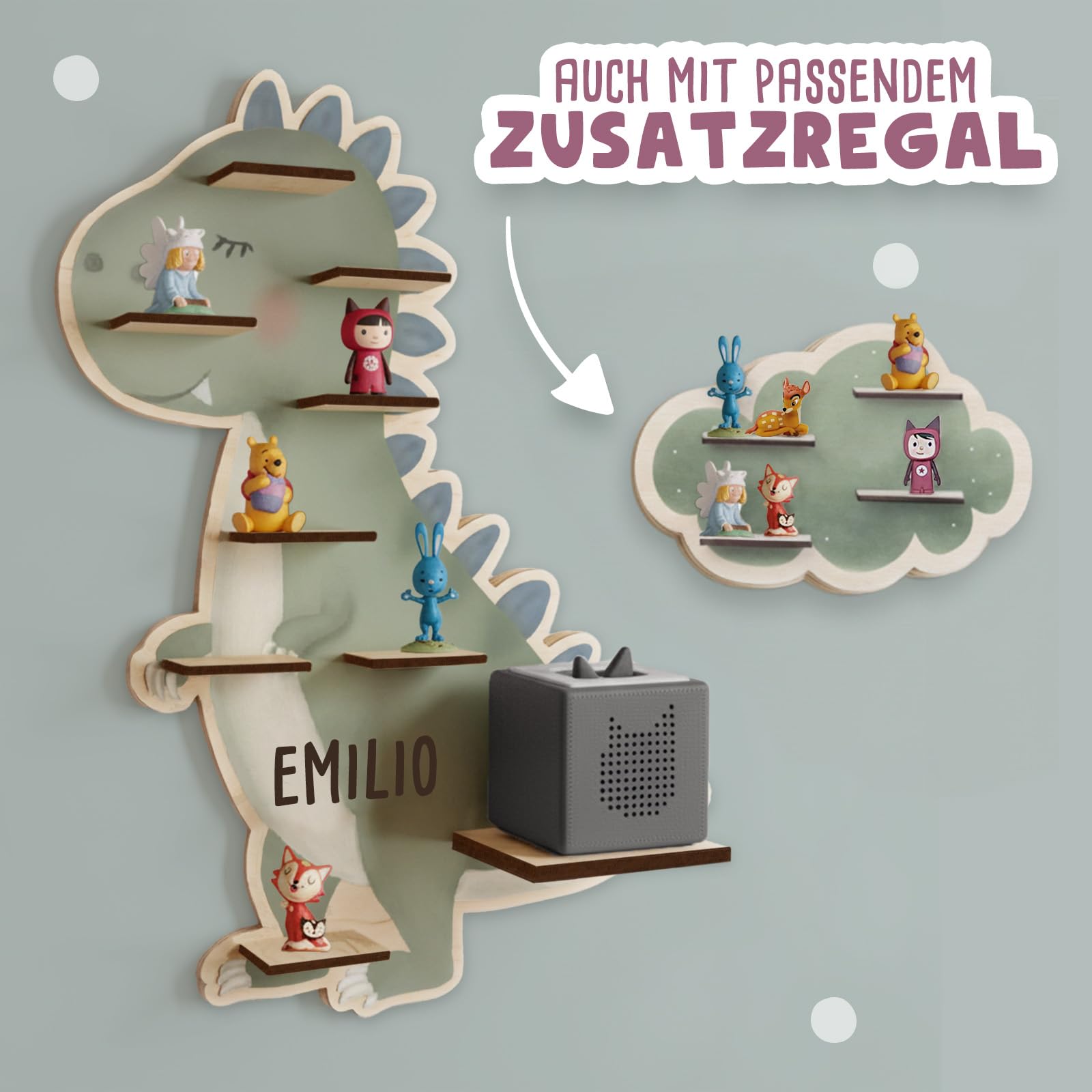 hellomini Personalisiertes Tonie Regal Jungen - Toniebox Regal mit Wunschnamen fürs Kinderzimmer - Regal Jungen- Toniebox Aufbewahrung - Tonies Zubehör (Dino Druck)