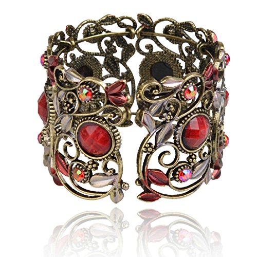 SUMAJU VTG Hollow Cuff Bracelets, Rainbow Red Flower Resin Rhinestone Retro Cuff Bangle Jewelry For Women