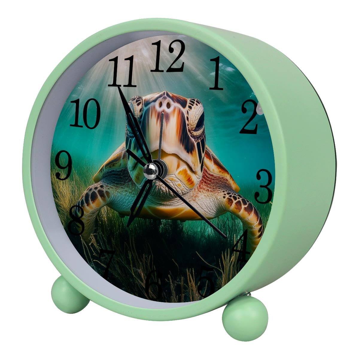 Luoweisi Alarm Clock Sea Turtle, Silent Non-Ticking with Night Light, Round Metal Alarm Clock for Office, Battery Operated, Bedroom, Elderly, Adults, Children, Student Gifts
