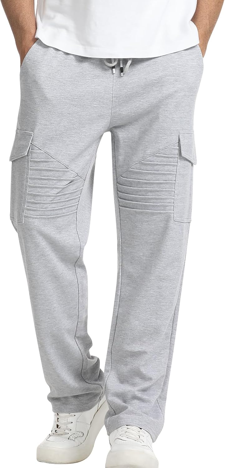 Suwangi Men’s Cargo Sweatpants Open Bottom Straight Fit Elastic Drawstring Pants with 5 Pockets for Casual Athletic Lounge