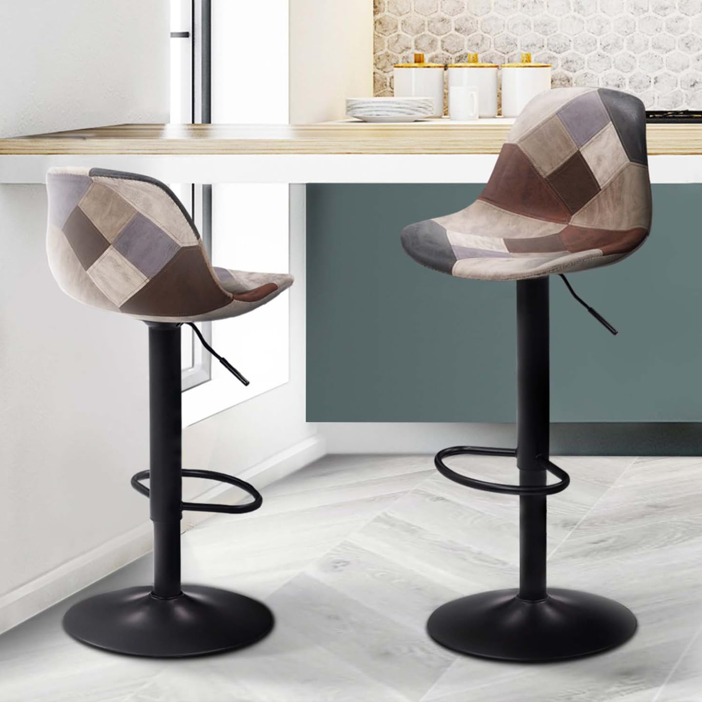 IDMarket - Set di 2 sgabelli da bar KARL patchwork in marrone, grigio e beige con gambe nere