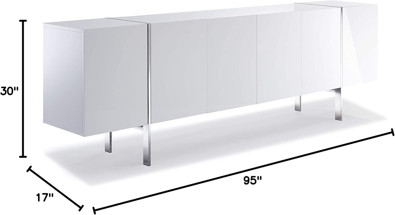 Whiteline Modern Living Struttura Buffet/Sideboard in Large or Small Size in High Gloss White or Natural Walnut Veneer and Polished Stainless Steel Legs