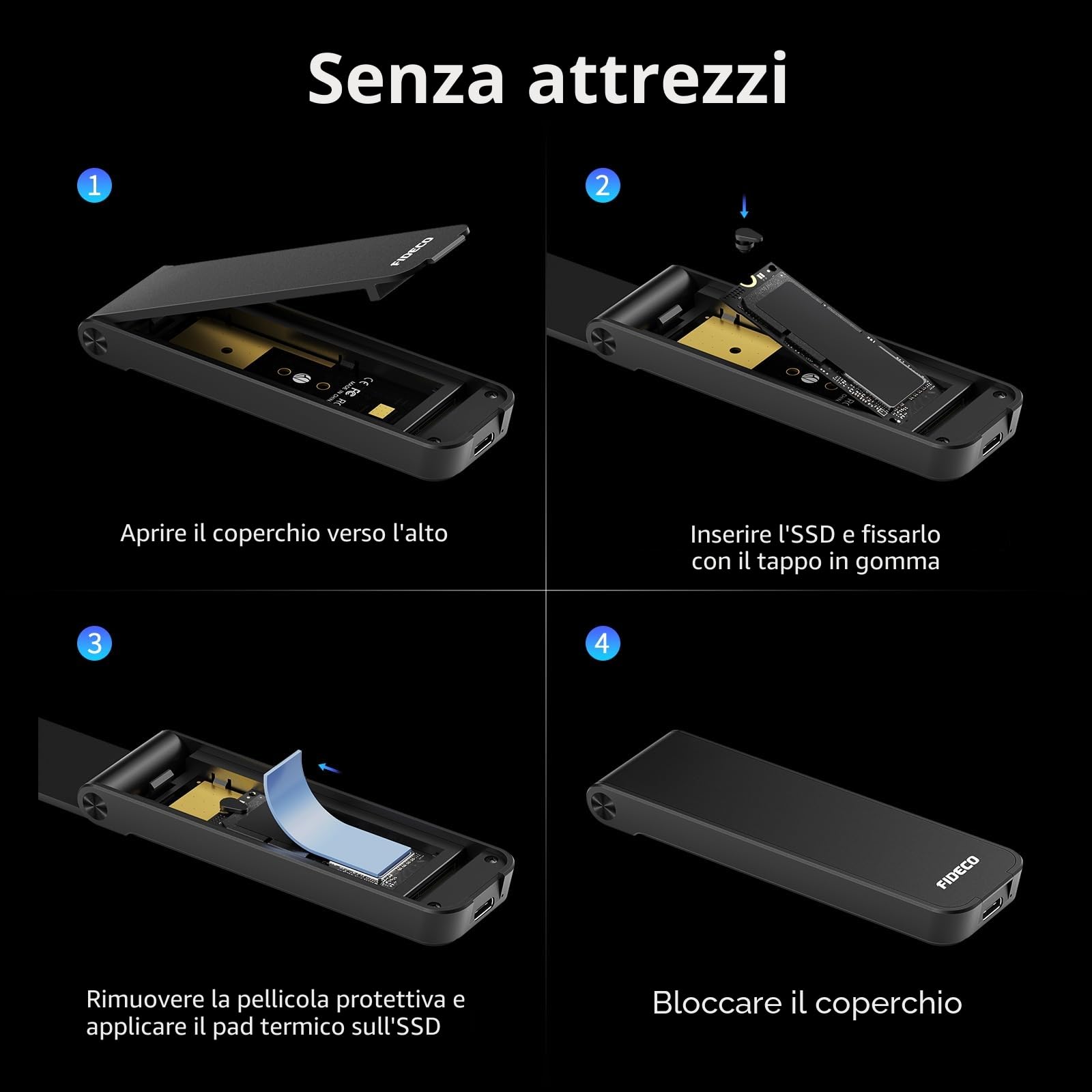 FIDECO Case SSD M.2 NVMe, 10Gbps Adattatore NVMe USB, USB 3.2 Gen2 SSD M2 NVMe per NVMe PCIe M-Key/M+B Key, Design Sandwich, Installazione Senza Strumenti, Supporto UASP e TRIM