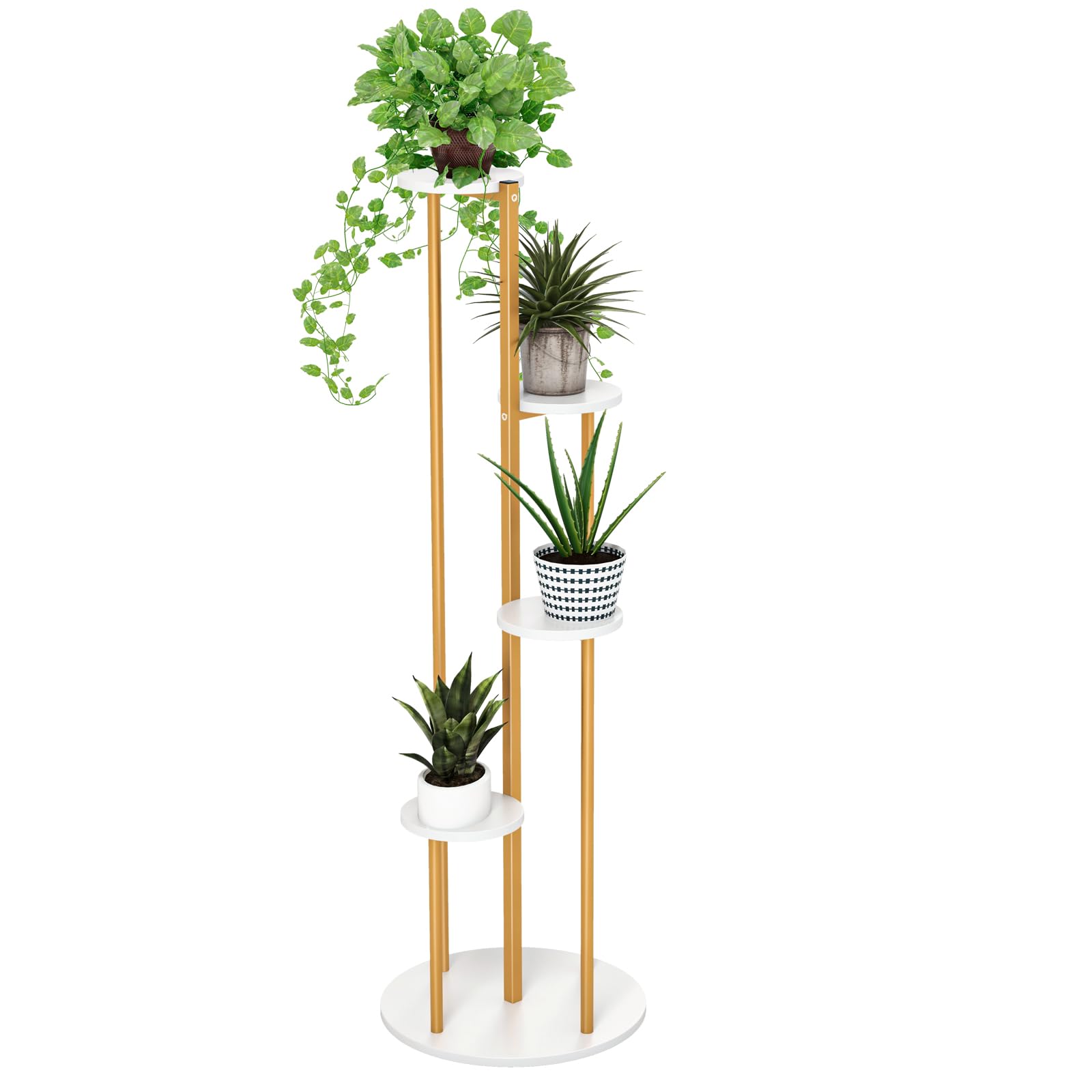 COSTWAY Tall Plant Stand, 5 Tiers Flower Rack with Foot Pads, Metal Display Pot Shelf Holder for Balcony Living Room Yard (White + Golden) — image 1