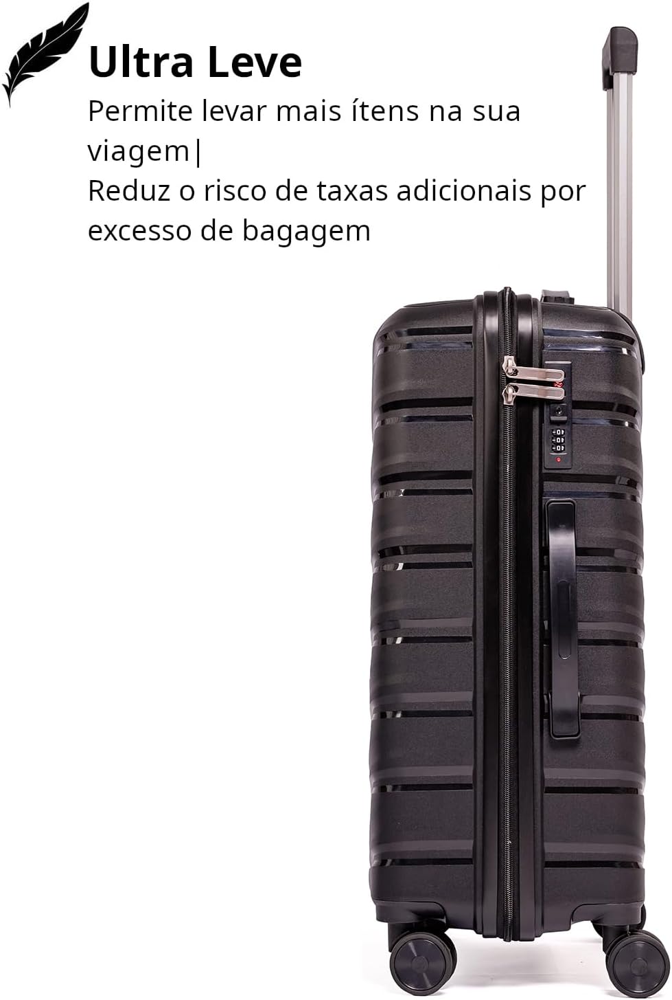 Mala De Viagem Média 23Kg Polipropileno Rodas Duplas 360 Fibra Rígida Leve Resistente Tamanho M Para Despachar (PRETO, médio)