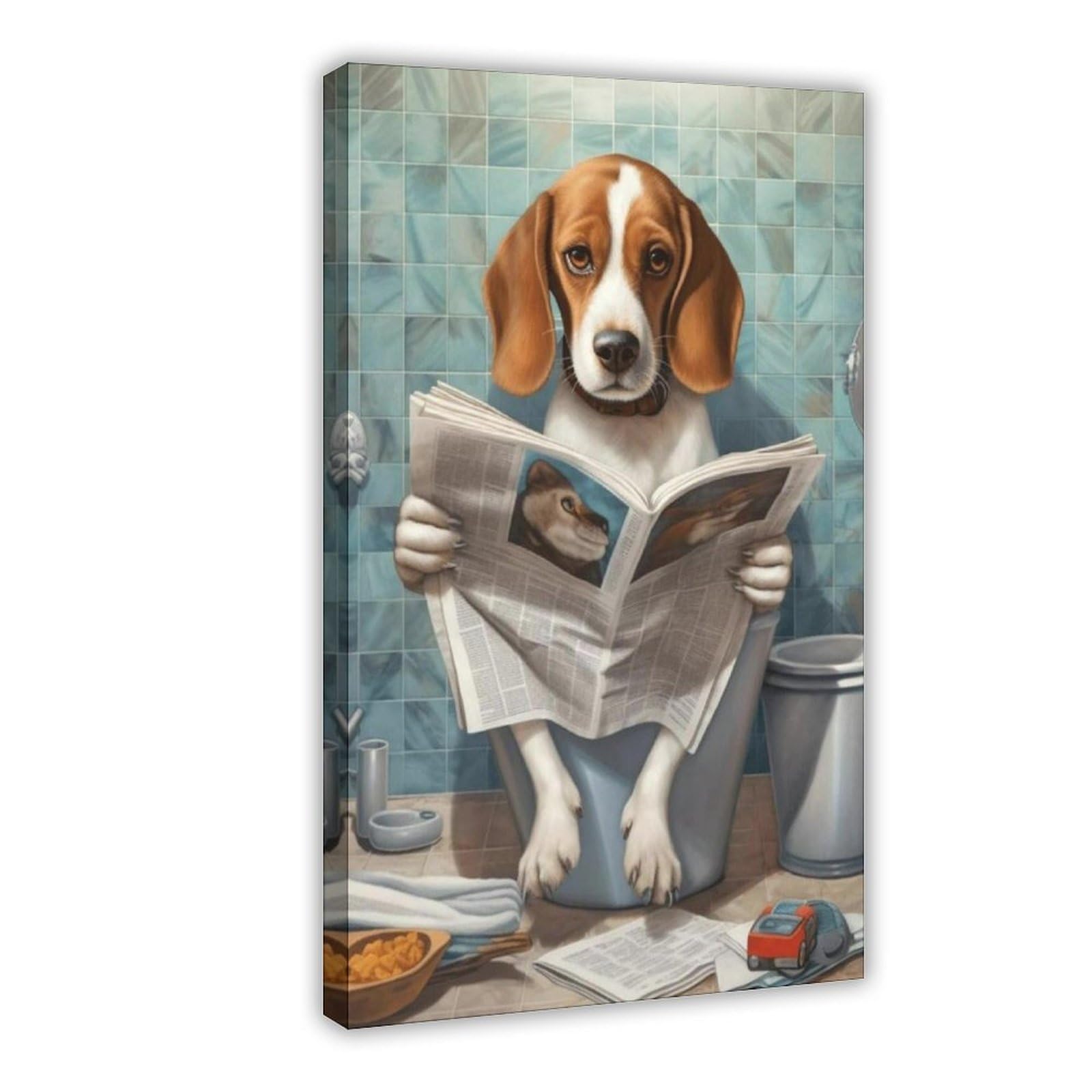 Flamint Beagle Sitting on The Toilet And Reading Canvas Poster Bedroom Decor Landscape Office Room Decor Gift 20" L X 30" W