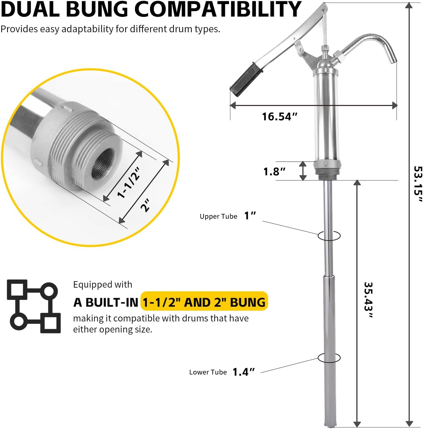MaxWorks Lever Action Barrel Pump Heavy Duty Manual Fluid Transfer Pump for 15 to 55 Gallon Drums Fits 1.5" and 2" Bungs Ideal for Oil Antifreeze and Non Corrosive Fluids (51047)