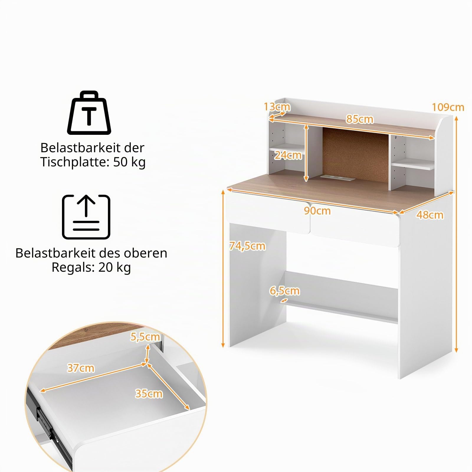 LIFEZEAL Kinder Schreibtisch mit Ladestation, Kinderschreibtisch mit 2 Schubladen & Bücherregal & PC-Halter, Lerntisch Schülerschreibtisch mit Stauraum für Jungen & Mädchen