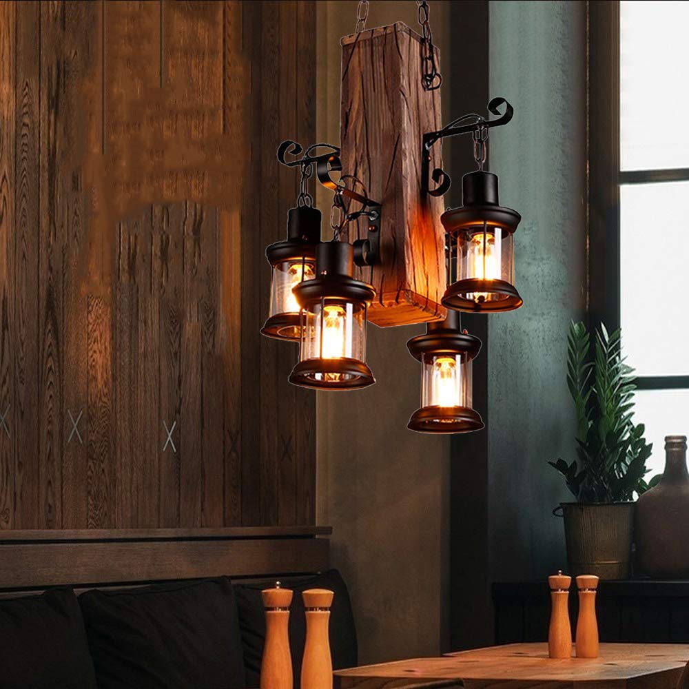 Vintage Pendellampe E27 Industrie Kronleuchter Retro Holz Pendelleuchte Antike Schwarz Eisen Glas Lampenschirm Höhenverstellbare Hängelampe Beleuchtung Loft Innen Esszimmer Wohnzimmer Deko Deckenlampe