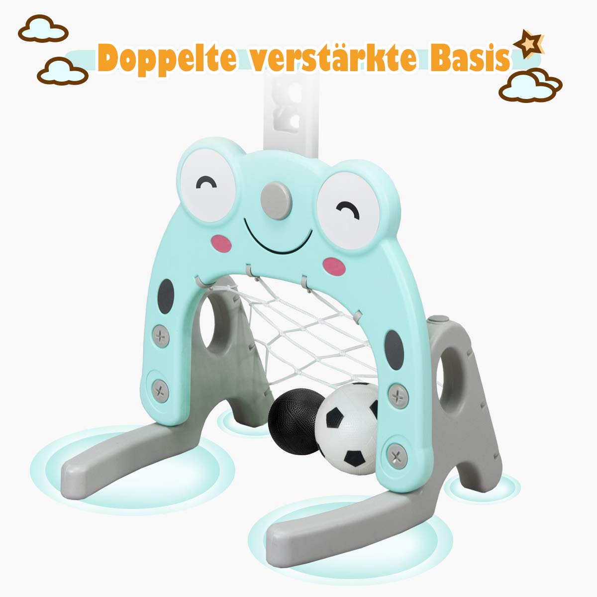 COSTWAY Kinder Basketballständer höhenverstellbar, 3 in 1 Kinder Spielplatz Basketballkorb & Fußballtor & Wurfspiel, Korbanlage für Innen- und Außenbereiche (Blau)