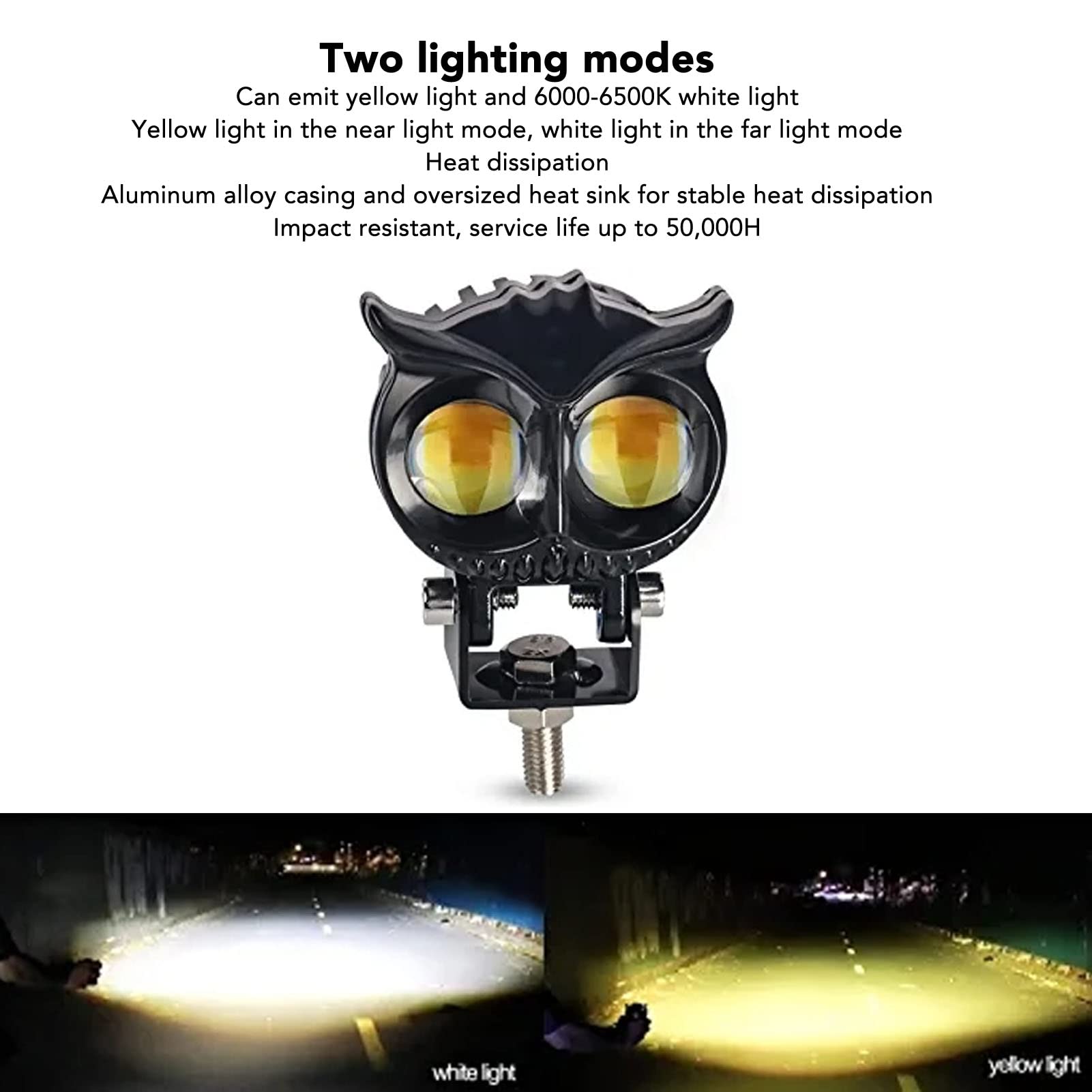 Fari Fendinebbia LED Moto,Fendinebbia del Motociclo a Forma di Gufo della Lega di Alluminio,12‑80V Luce Bianca Gialla,15 W 2000LM IP67,per Moto