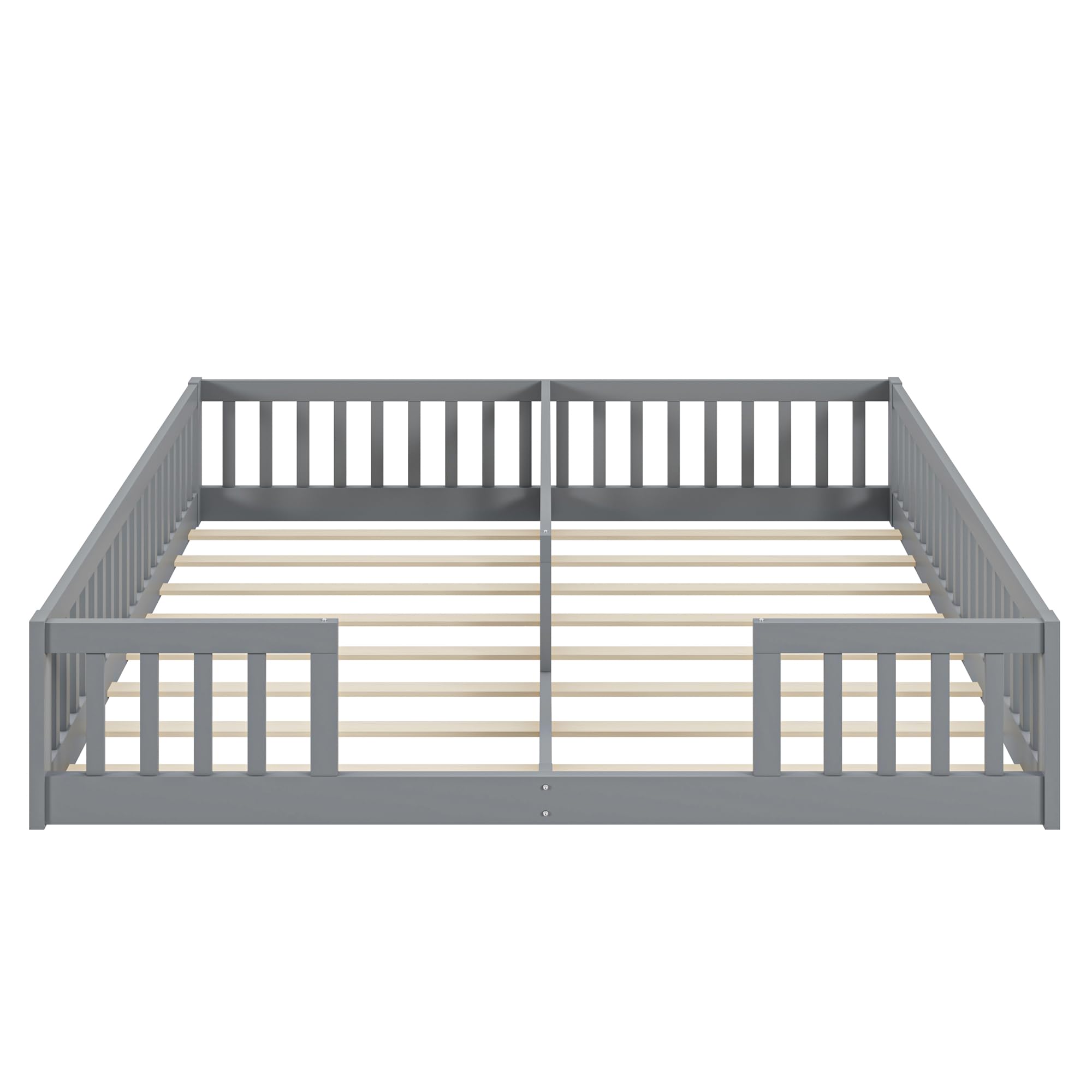 Lettino da pavimento 90 x 200 cm, con rete di sicurezza, in legno di pino, per famiglie con 2 bambini, letto gemellare con rete a doghe, grigio