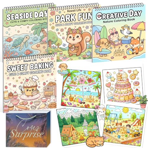 4-Pack Spiral Bound Coloring Books for Adults - Relaxing Arts & Crafts Gifts for Women - 96 Simple & Cute Single-Sided Patterns(Sweet & Fun & Creative & Seaside)