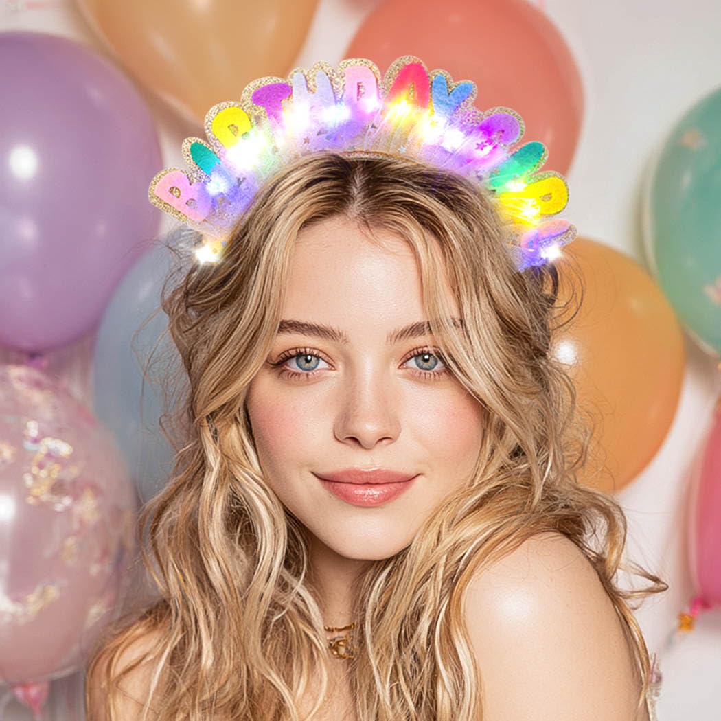 Light Up Birthday Girl Headbands LED Pink Birthday Crown Headpiece Glitter Party Hair Accessories for Women (Gold, One Size) image 3