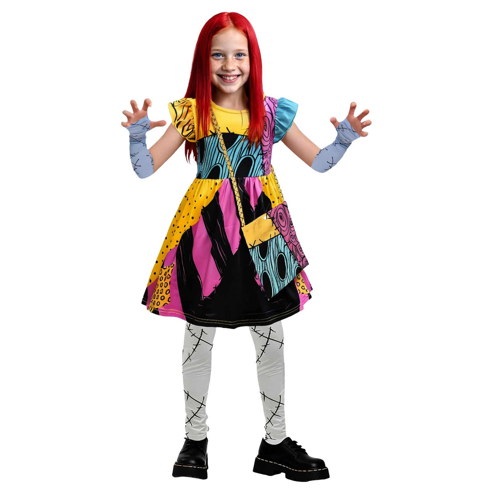 Halloween Sally Costume Kids,5PCS Sally Dress Christmas Outfits Sally Skellington Short Sleeve Dress Fancy Dress Cosplay with Red Wig Bag Sleeves Tights for Girls Age 4-11 Years (140cm/8-9 Years) - Image 2