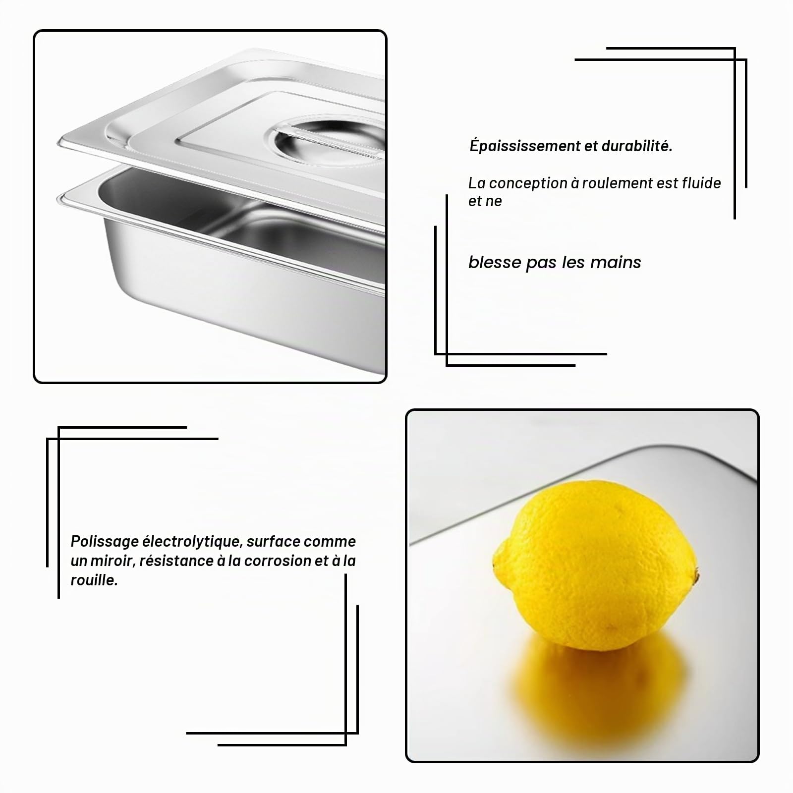GOMETY Lot de 3 bols à panure, récipients GN 1/3 en acier inoxydable avec couvercle, lot de 3 bols pour paner, idéal pour les plats et les plats à frire 32,5 x 17,6 x 6,5 cm