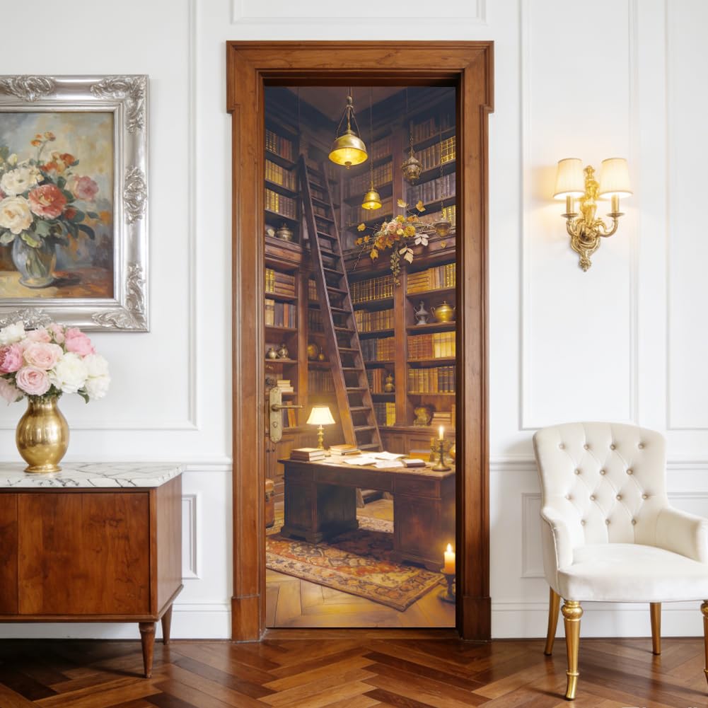 arricraft 2 Pcs Vintage Bookshelf Theme Self-Adhesive Door Sticker, 31.5"x78.7" Vintage Library Decorations Door Murals Stickers PVC Removable Wallpaper Decoration for Bedrooms Living Room