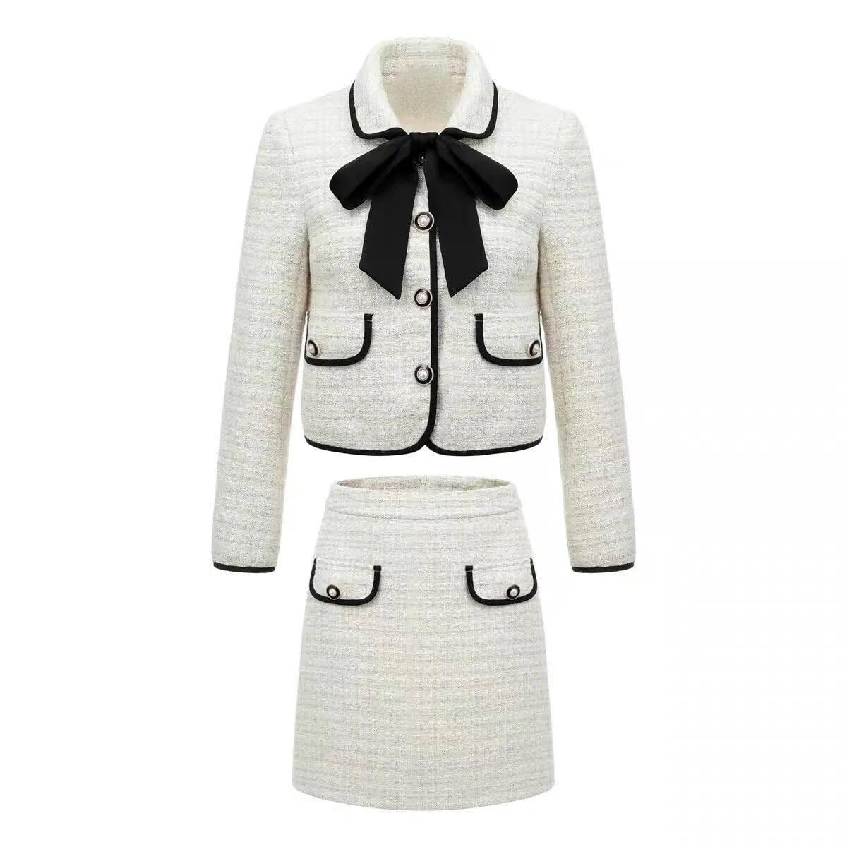 Damen-Tweed-weißer Anzug Jacke Mantel Oberteil und Rock Elegantes zweiteiliges Set passendes Outfit Winter-Jacquard-Kleidung