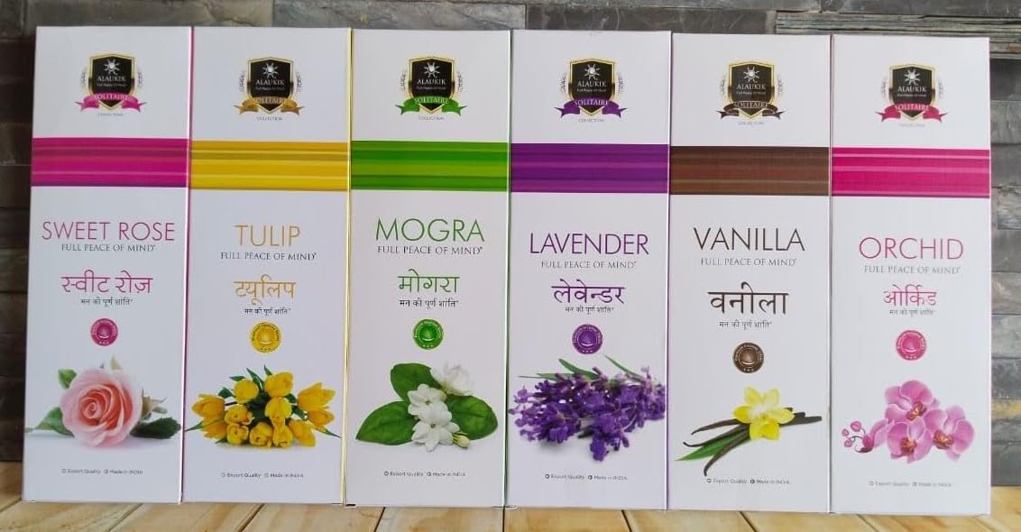 Alaukik Solitaire Incense Sticks for Pooja Combo Pack of 6 - Sweet Rose, Tulip, Mogra, Lavender, Vanilla, Orchid (90 GM x 6=540 gm)-image-27