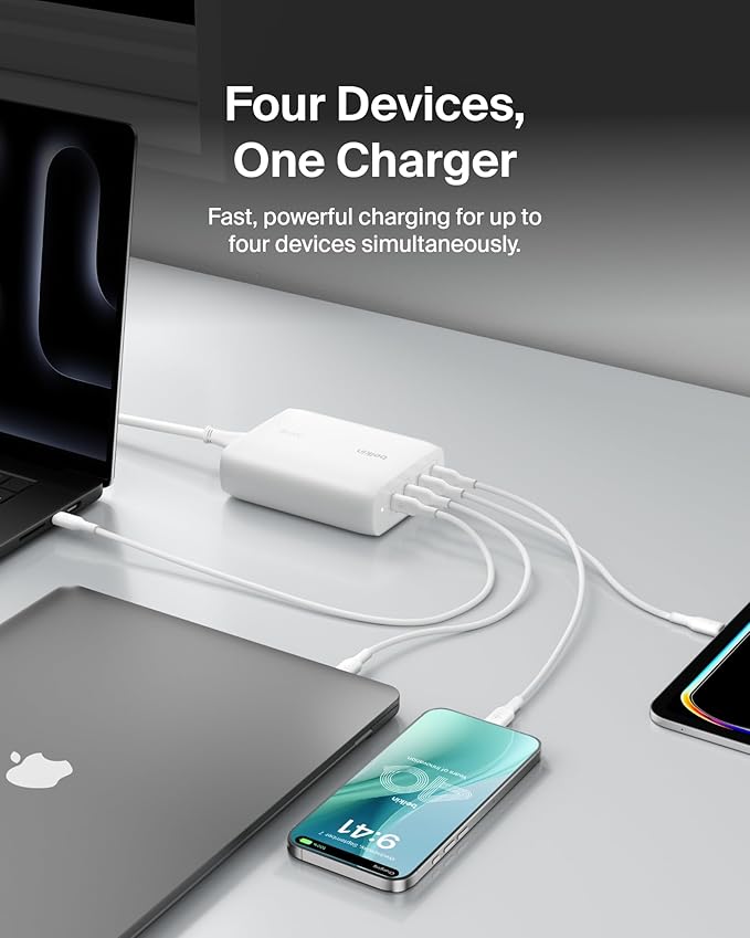 Belkin 4-Port USB C Charger Block 200W - GaN Charger USB-C PD 3.1 Fast Charge + 5ft Power Cord - MacBook, Apple iPhone 17, iPad, Samsung Galaxy S25, Google Pixel 10, Nintendo Switch 2 & More - White
