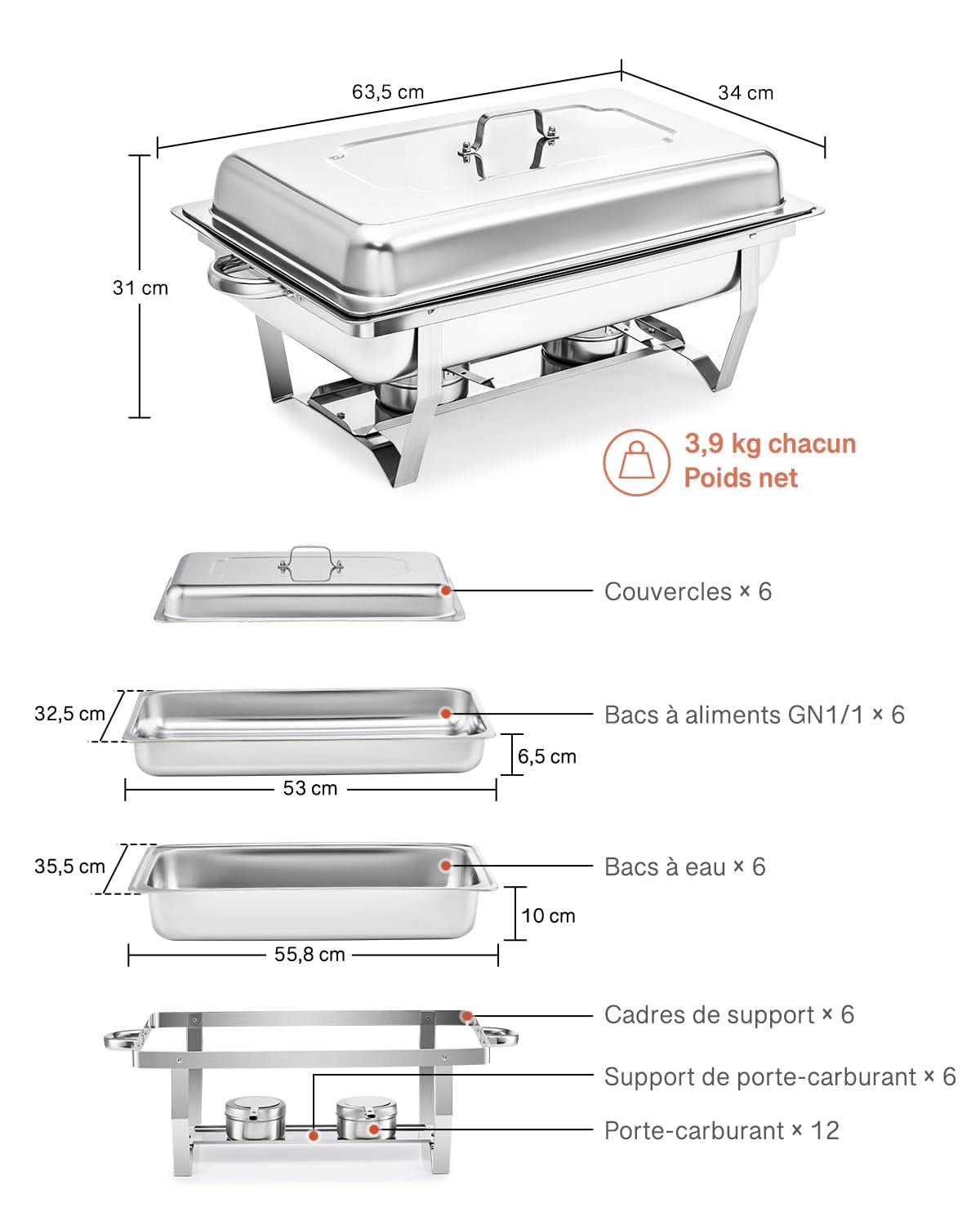 Wilprep Lot de 6 Chafing Dish 9L INOX Buffet Chauffant Chauffe-Plat en Acier Inoxydable Rectangulaire pour Buffet Restaurant Pique Nique (Lot de 6-1×GN1/1)