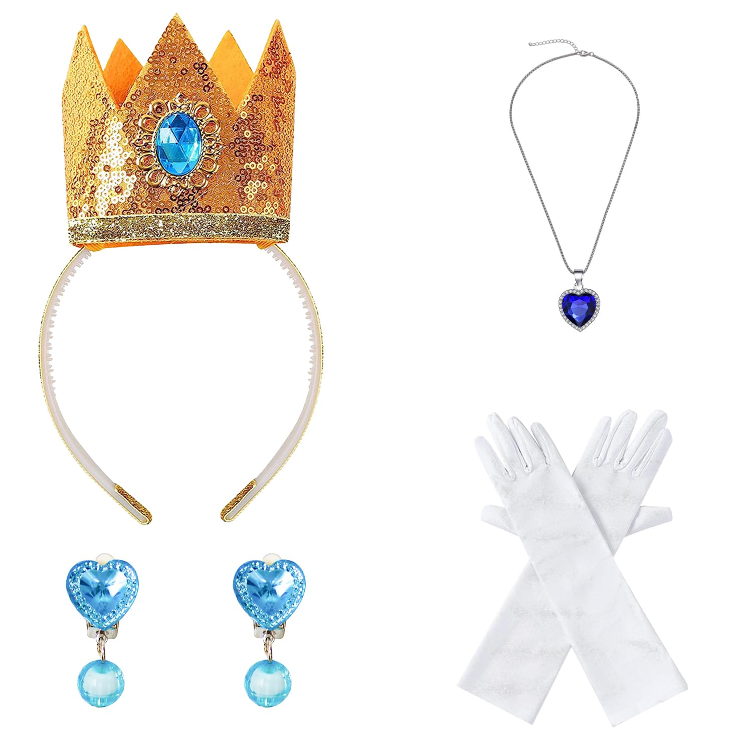 VIEKIER 4 Pcs Princess Peach Crown Costume Accessories Women Girls Crown Earrings Gloves Brooch Necklace for Princess Dress Up Accessories