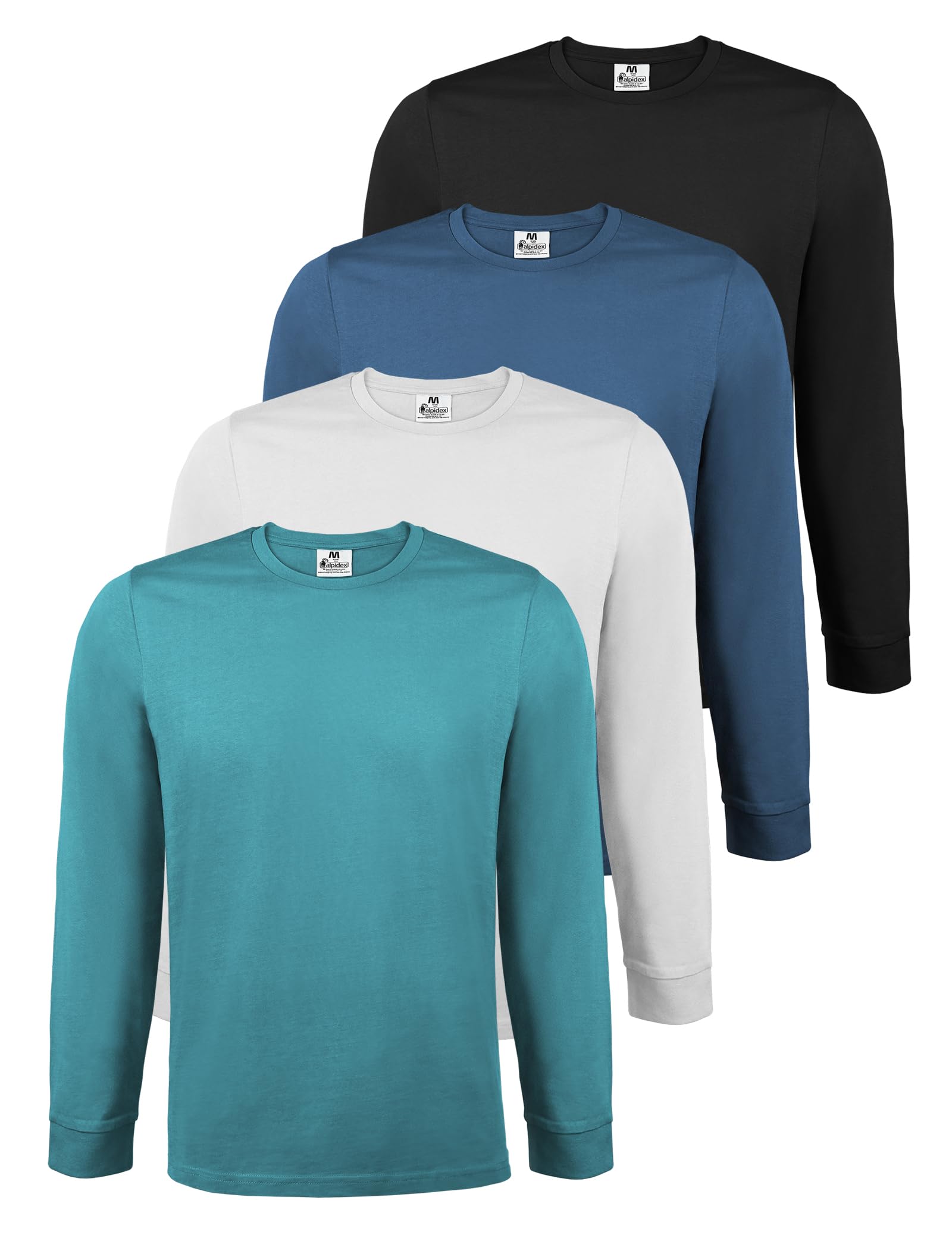 ALPIDEX Men's Long Sleeve Shirts 4 Pack Basic 100% Cotton Stretch Undershirt Round Neck Plain Base Layer, Size:m, Colour:Water