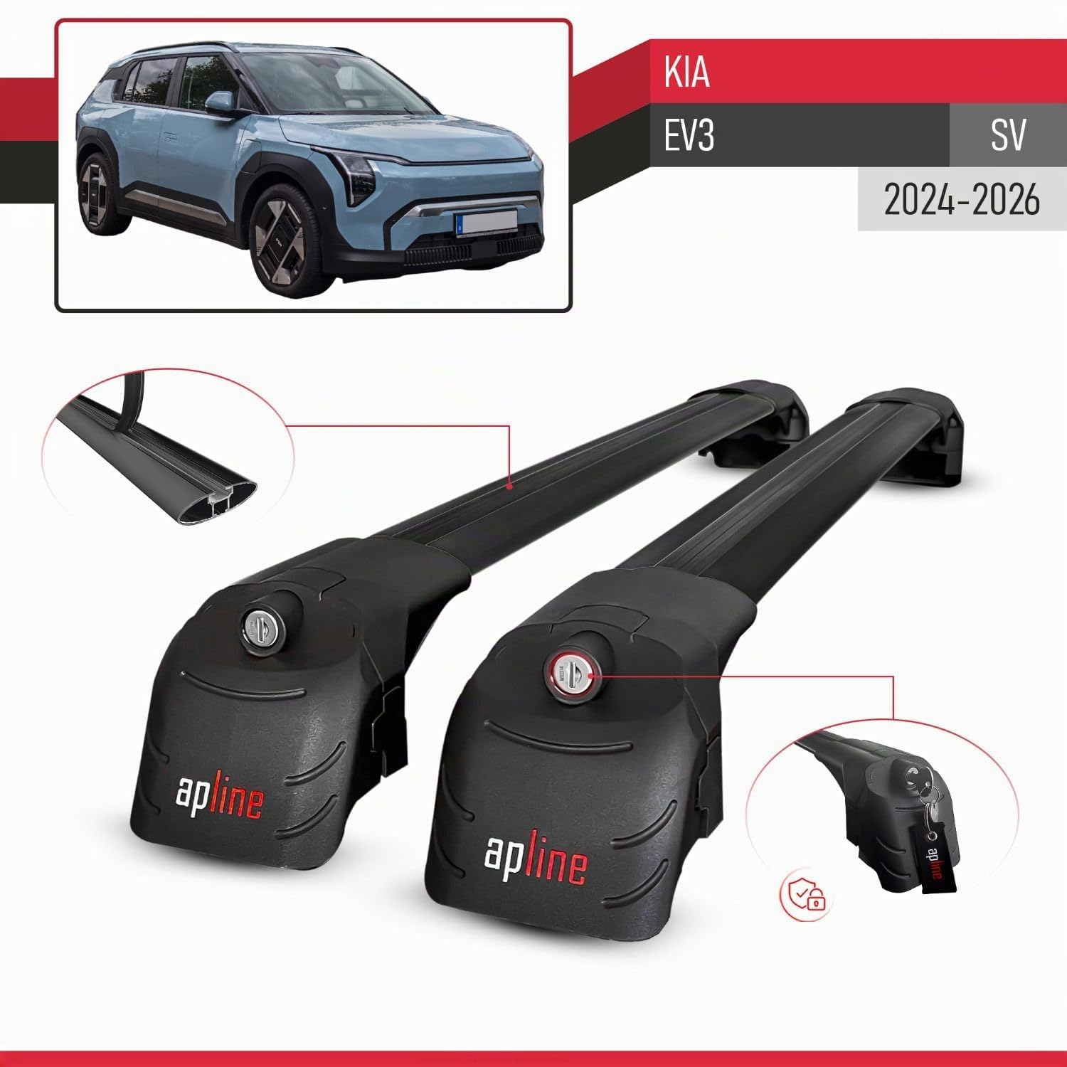Compatible con Kia EV3 (SV) 2024-2026 Modelo Ace-2 Barra de Techo Auto Portaequipajes Barras Transversales Negro Aluminio 2 Barras