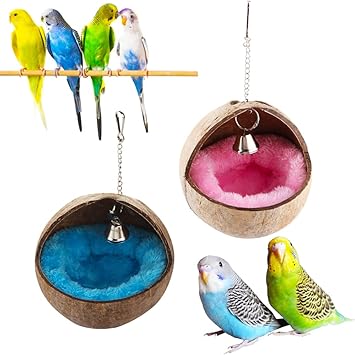VTurboWay 2 Pcs Natural Coconut Shell Bird Nest House Bed Breeding Nesting Anti-Pecking Bite with Warm Pad and Bell for Bird Parrot Budgie Parakeet Cockatiel Conure Lovebird Canary Finch