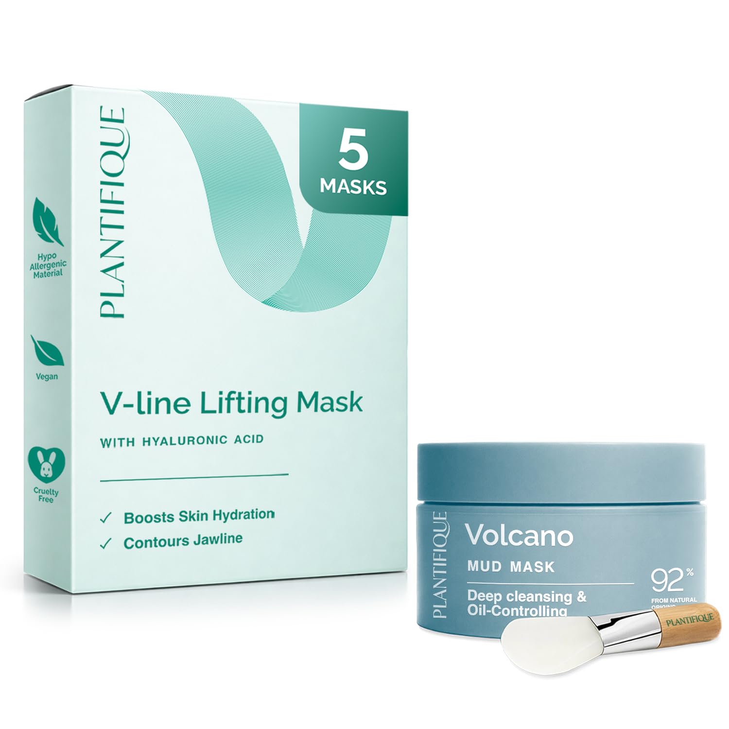 PLANTIFIQUE Maschera Viso Coreana Argilla Vulcanica - Purifica, Affina Pori, Idrata e Calma -110 g & Doppio Mento Cintura Viso V-Line - Soluzione Naturale per un Aspetto Giovane e Fresco - 5 Maschere