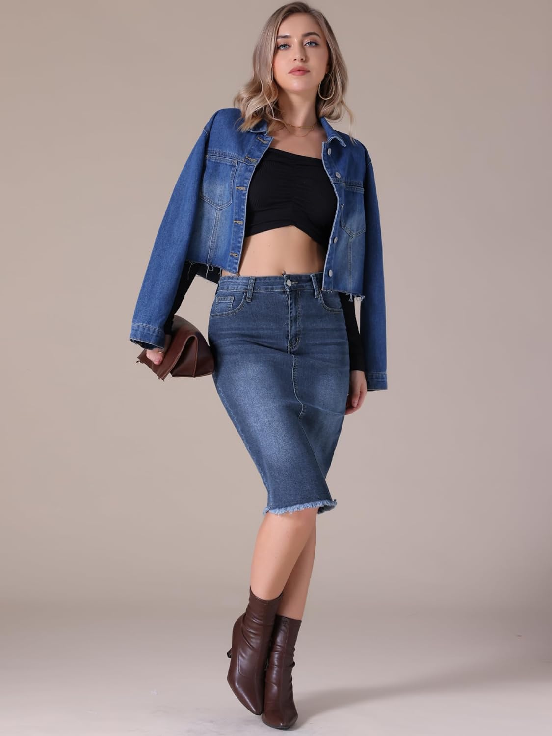 Women's Denim Skirt High Waist Raw Hem Pockets Stretch Bodycon Pencil Skirt Knee Length Jean Skirts - Image 5
