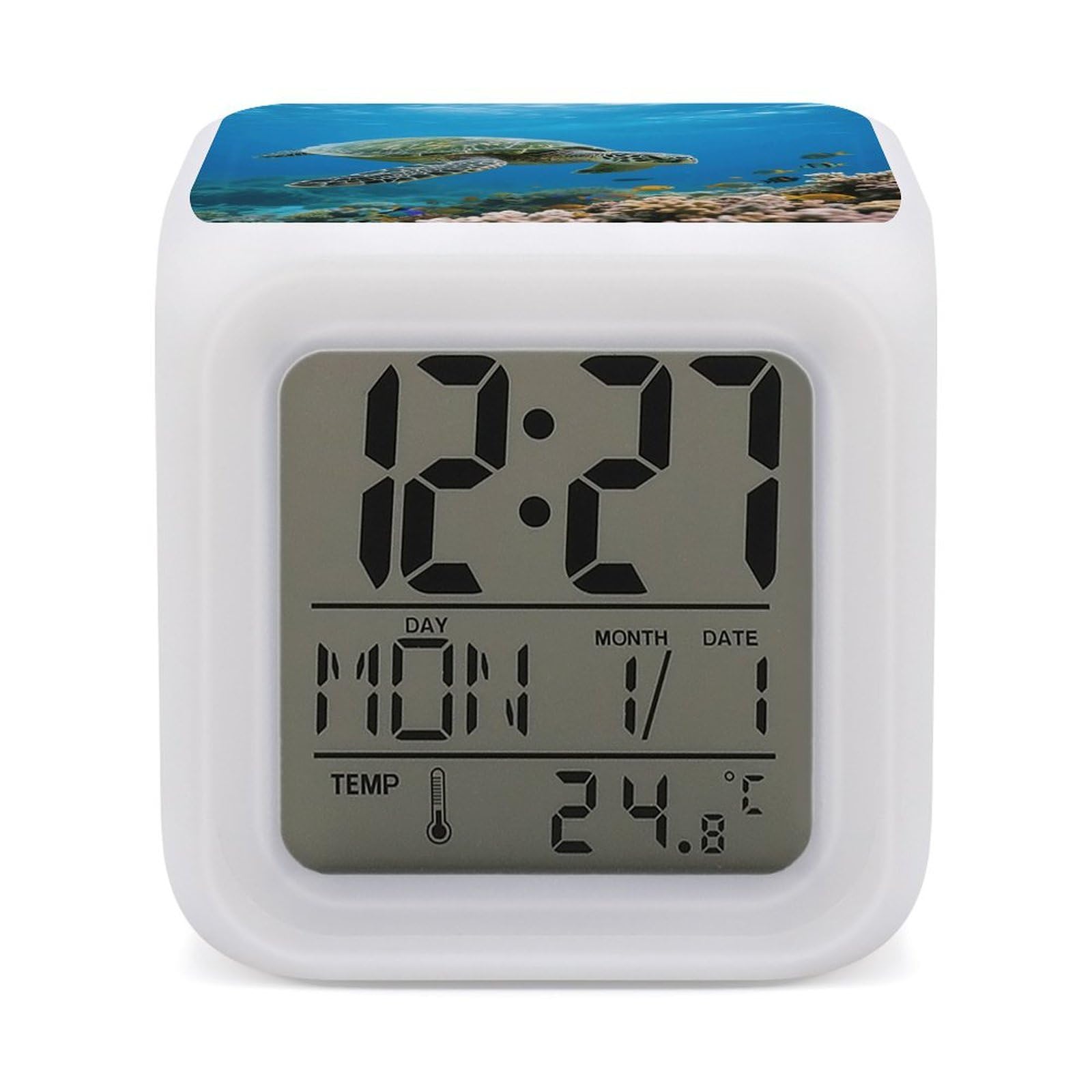 VstaDank Green Sea Turtle Alarm Clock with Date Temperature Large LED Display Number Clocks with 7 Colors Changing Desk Clock Battery Operated Digital Clocks with Date for Heavy Sleepers