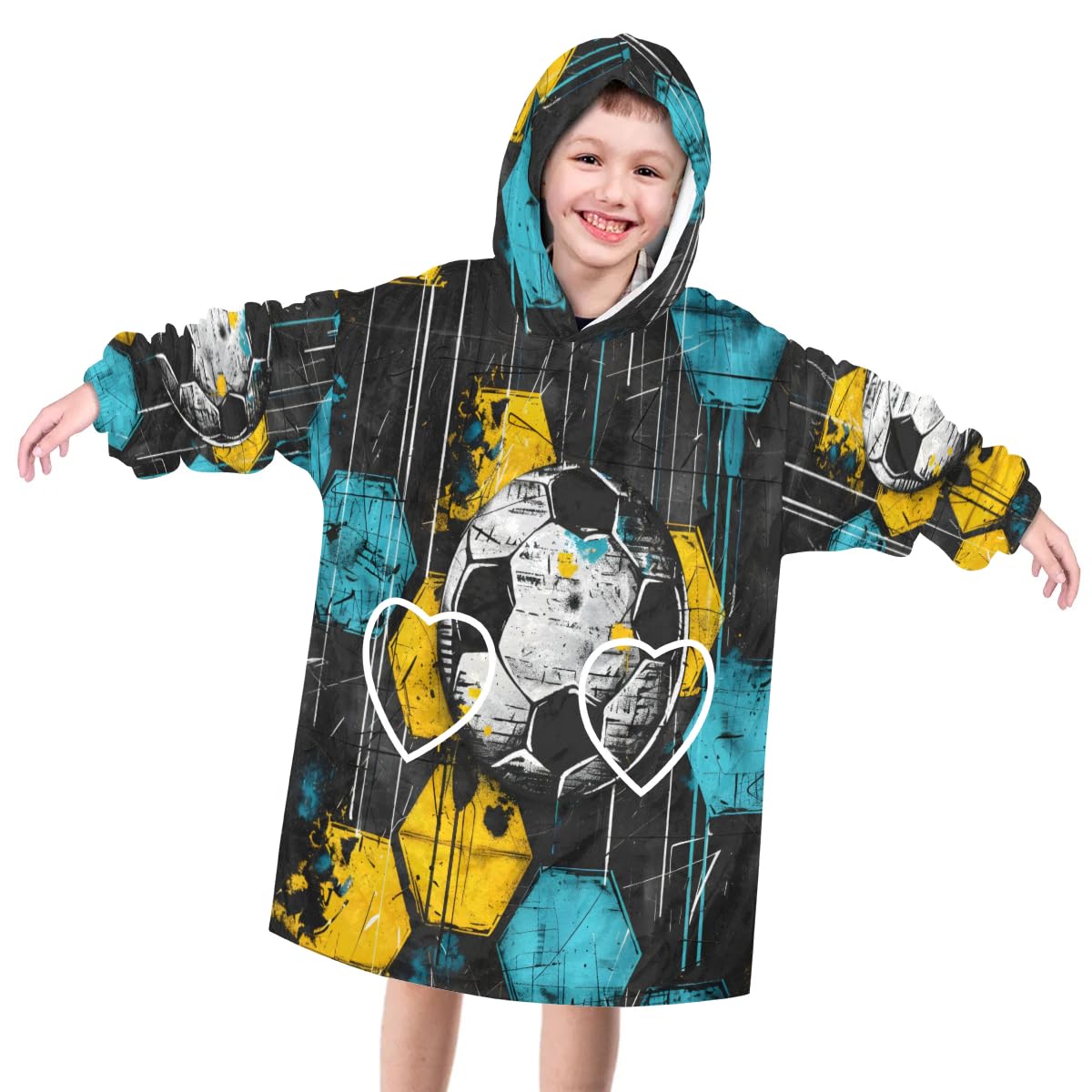 Wearable Blanket Hoodie for Kids, Sports Footballs Fleece Sweatshirt Blanket Modern Football Oversized Blanket Sweatshirt with Pocket Flannel Warm Hooded Blanket 6-10 Year Old Girl Boy Gift, One Size