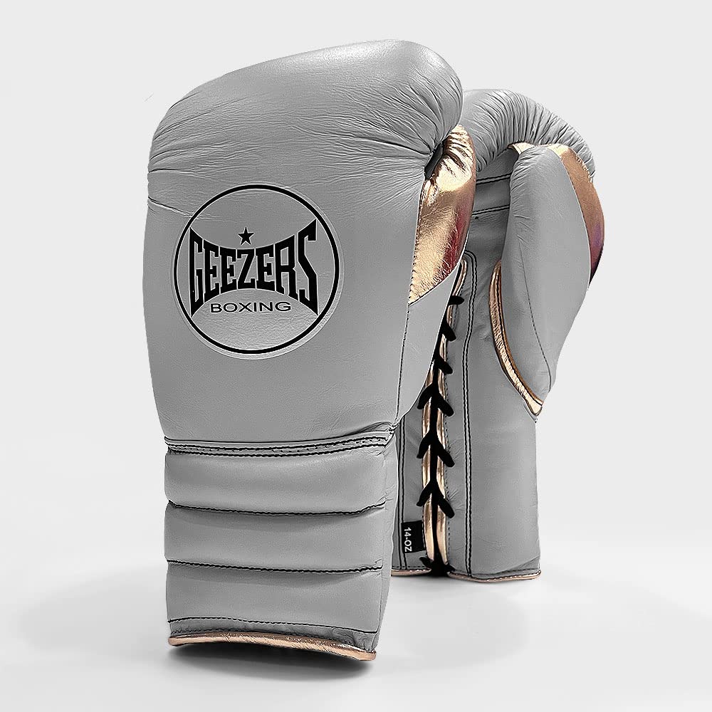 Geezers Halo Training/Sparring Boxing Gloves - Lace (LIGHT GREY/GOLD, 16OZ)