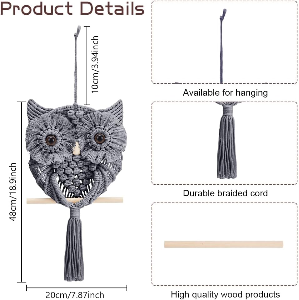 FREEBLOSS DIY Macrame Owl Kit Macrame Tapestry Wall Hanging 90m Cotton Cords Macrame Kit for Beginners with Video Tutorial Macrame Wall Art for Bedroom Decor, Gray