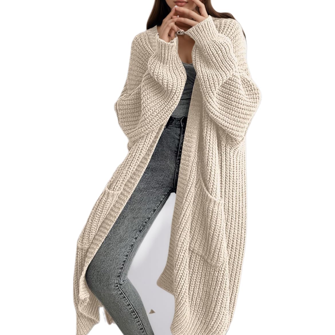 Womens Fall Open Front Long Cardigan Lantern Long Sleeve Knit Loose Sweater Outerwear Coats with Pockets