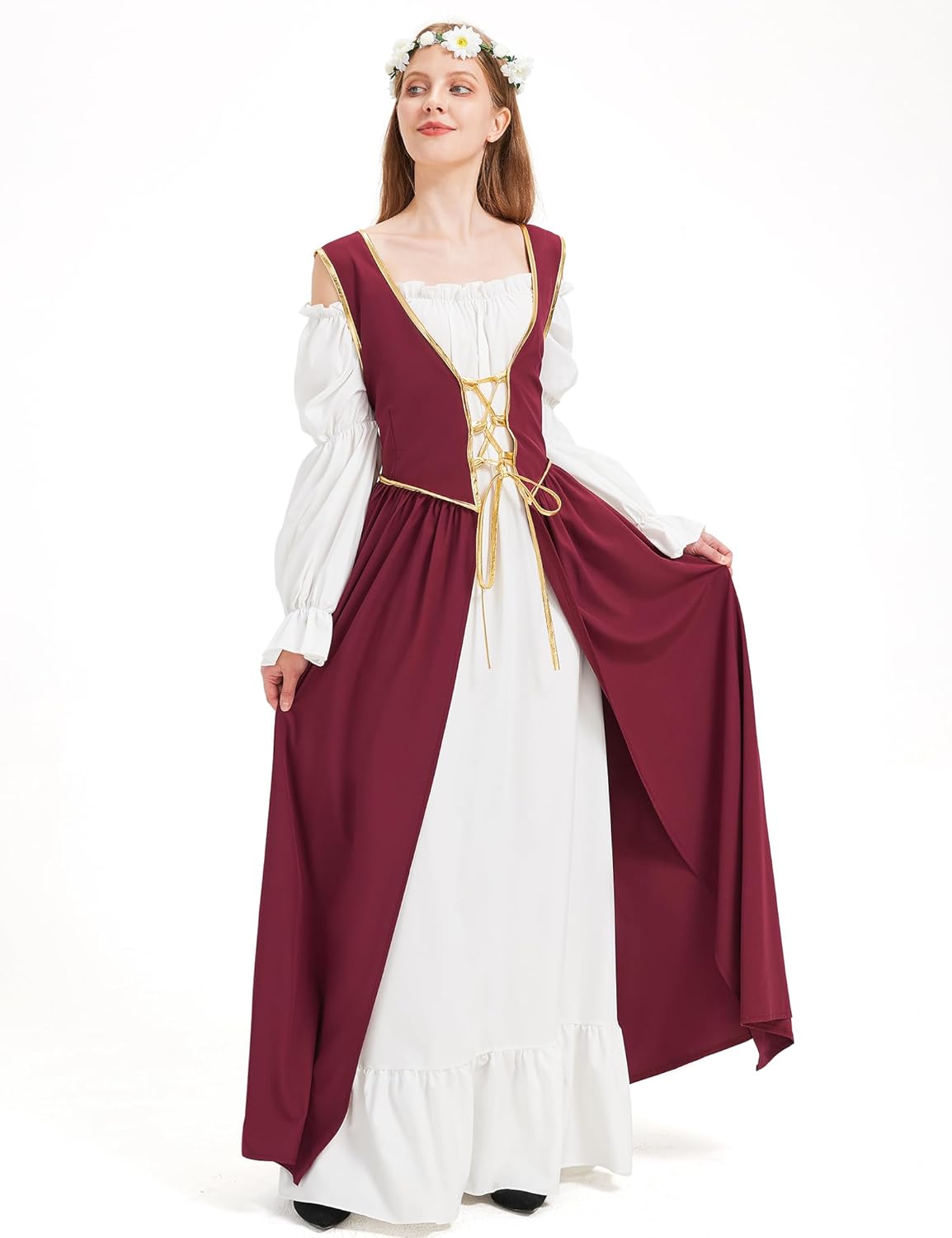 Renaissance Costume Women Medieval Dress Long Sleeve Black Red Green Chemise Overdress Wreath Halloween Cosplay Party - Image 4